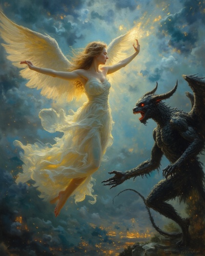 Sacred temple and mundane world merging in dreamscape